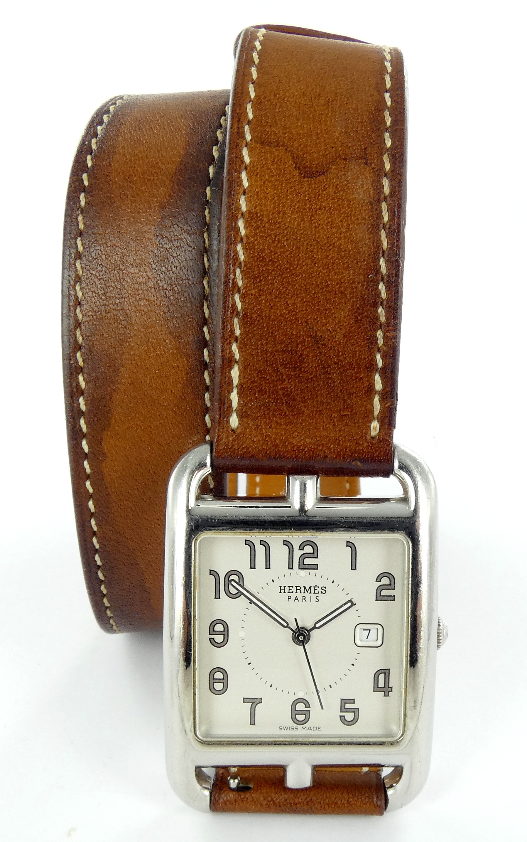 Lot 17 — HERMES grand modéle Cap Cod : Montre Acier, sur bracelet cui